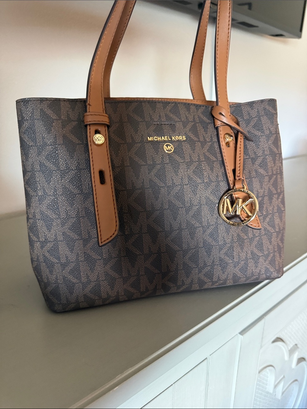 MICHAEL KORS Brown MK Logo Tote with Tan Trim